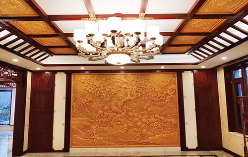 武威中式别墅客厅中式木作横梁吊顶装饰展示