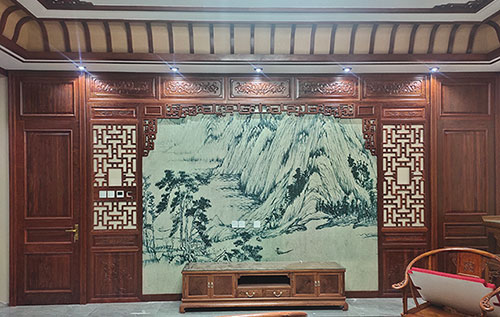 武威中式仿古别墅客厅背景墙花格木作装饰
